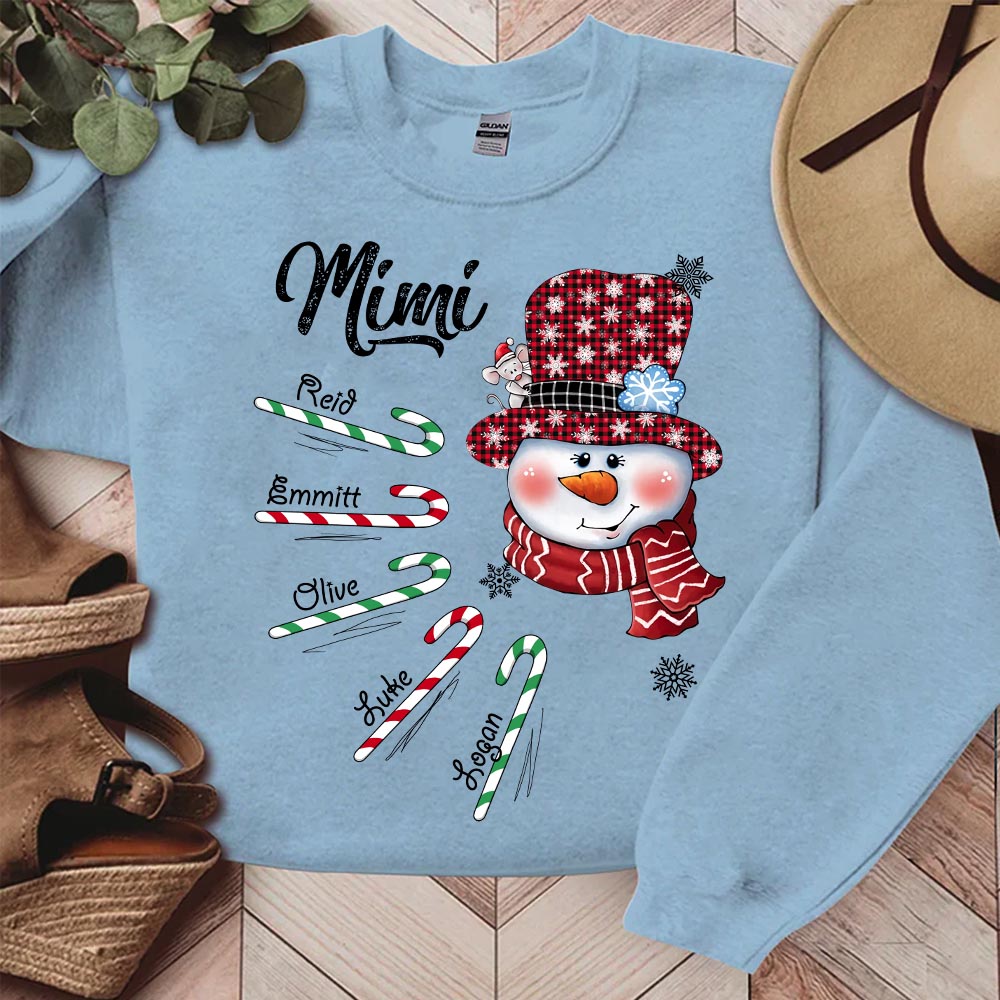 Mimi Snowman Candy Cane Christmas Personalized Sweatshirt - Custom Grandma With Grandkids Name