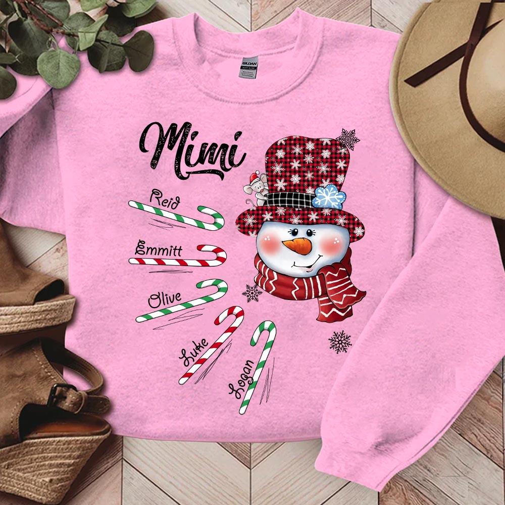 Mimi Snowman Candy Cane Christmas Personalized Sweatshirt - Custom Grandma With Grandkids Name