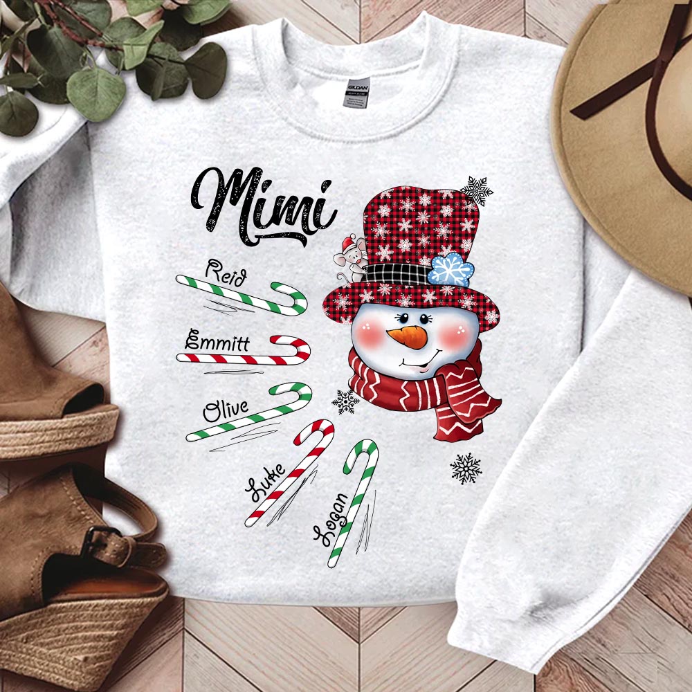 Mimi Snowman Candy Cane Christmas Personalized Sweatshirt - Custom Grandma With Grandkids Name