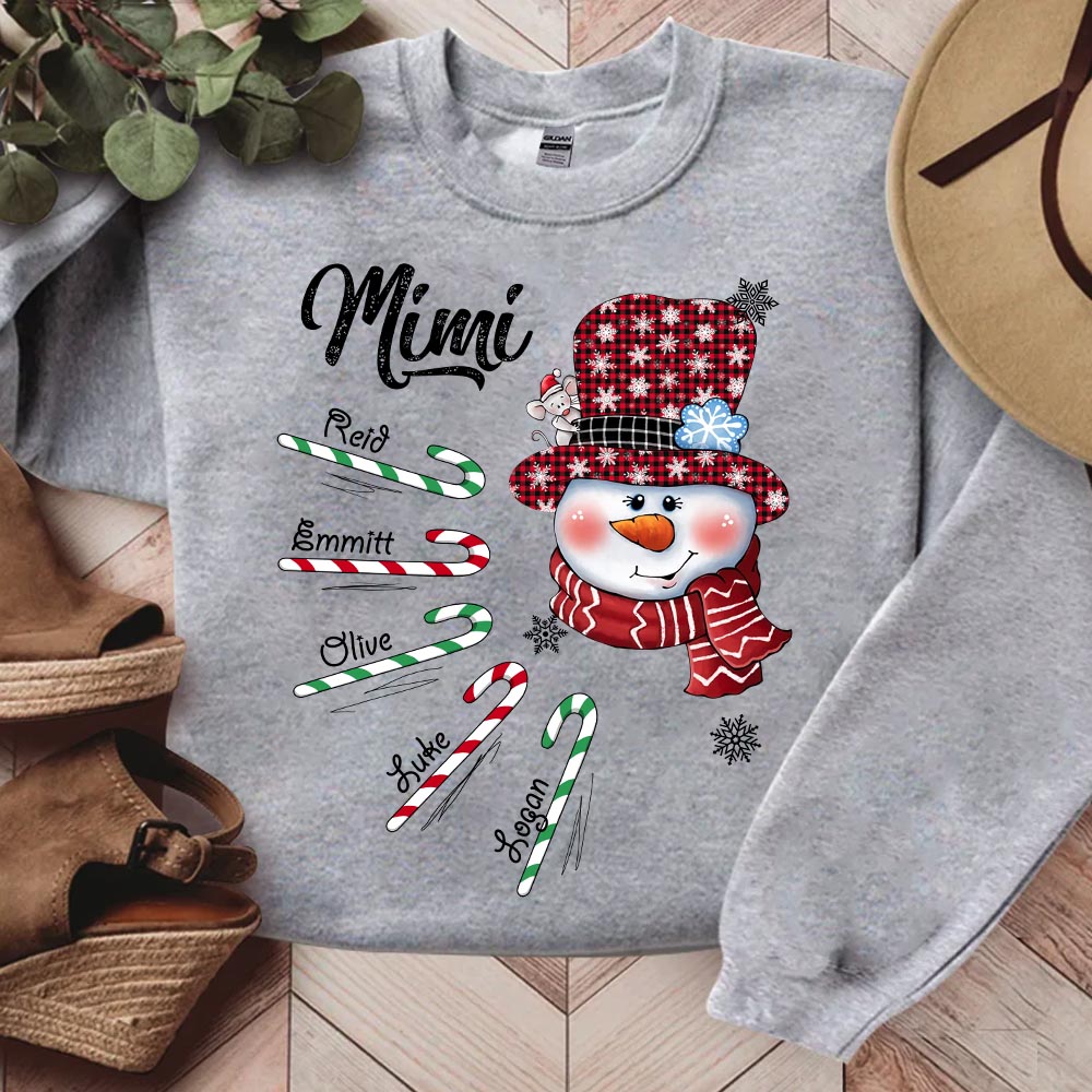 Mimi Snowman Candy Cane Christmas Personalized Sweatshirt - Custom Grandma With Grandkids Name