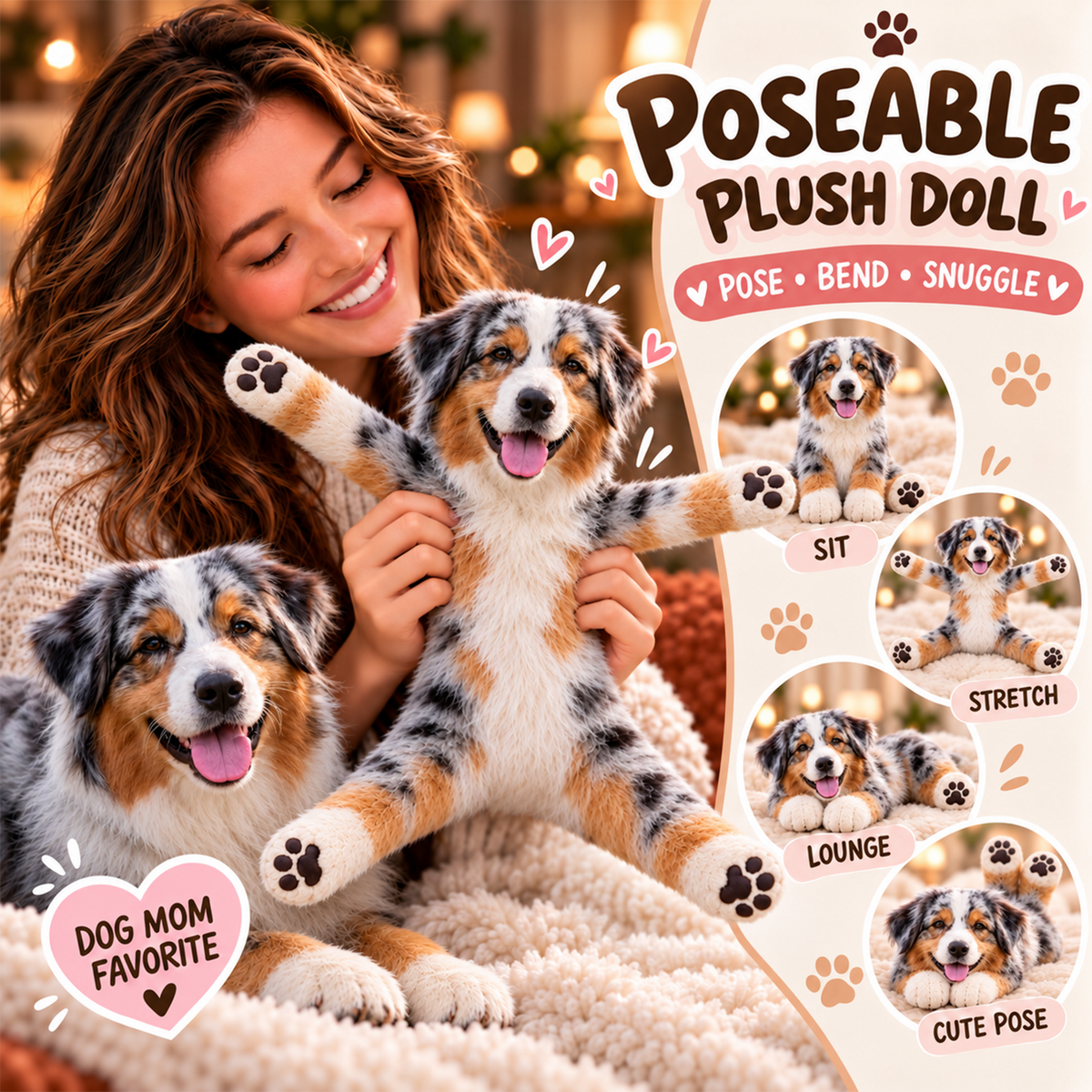 Personalized Australian Shepherd Photo Pet Squishy Toy Poseable Plush Doll, Funny Gift For Dog Mom, Dad, Pet Lover T1807 T24 TL06