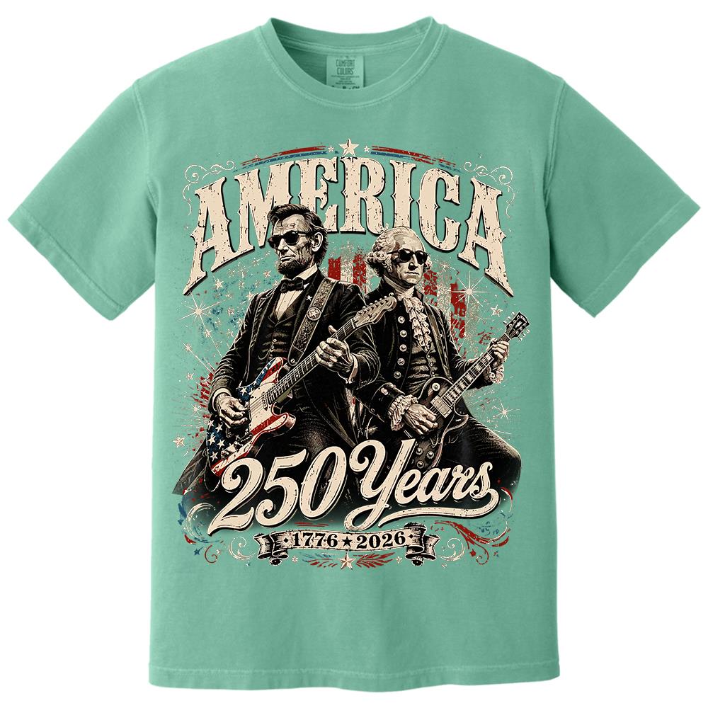 250 Years America Anniversary Guitar Shirt, George Washington & Lincoln Playing Guitar, Funny 4th of July Rock Tee Hv01