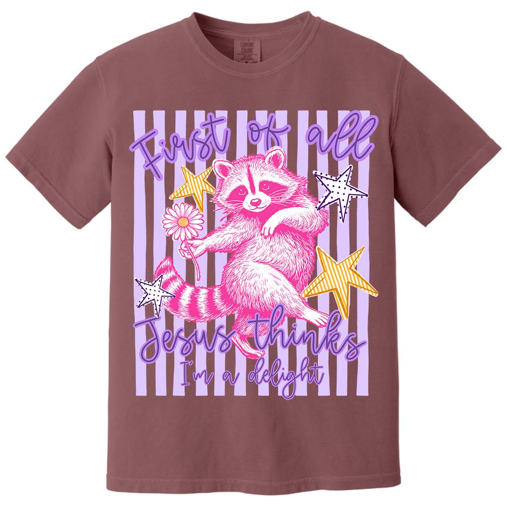 Custom First of All Jesus Thinks I'm A Delight Christian Humor T-shirt, Preppy Striped Summer, Funny Feral Raccoon, Dog, Cat Shirt Hv01