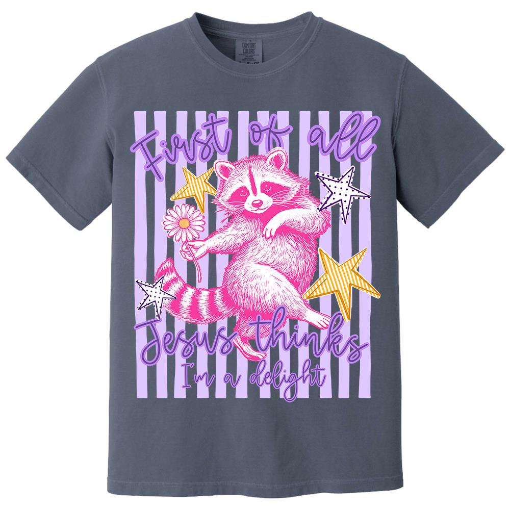 Custom First of All Jesus Thinks I'm A Delight Christian Humor T-shirt, Preppy Striped Summer, Funny Feral Raccoon, Dog, Cat Shirt Hv01