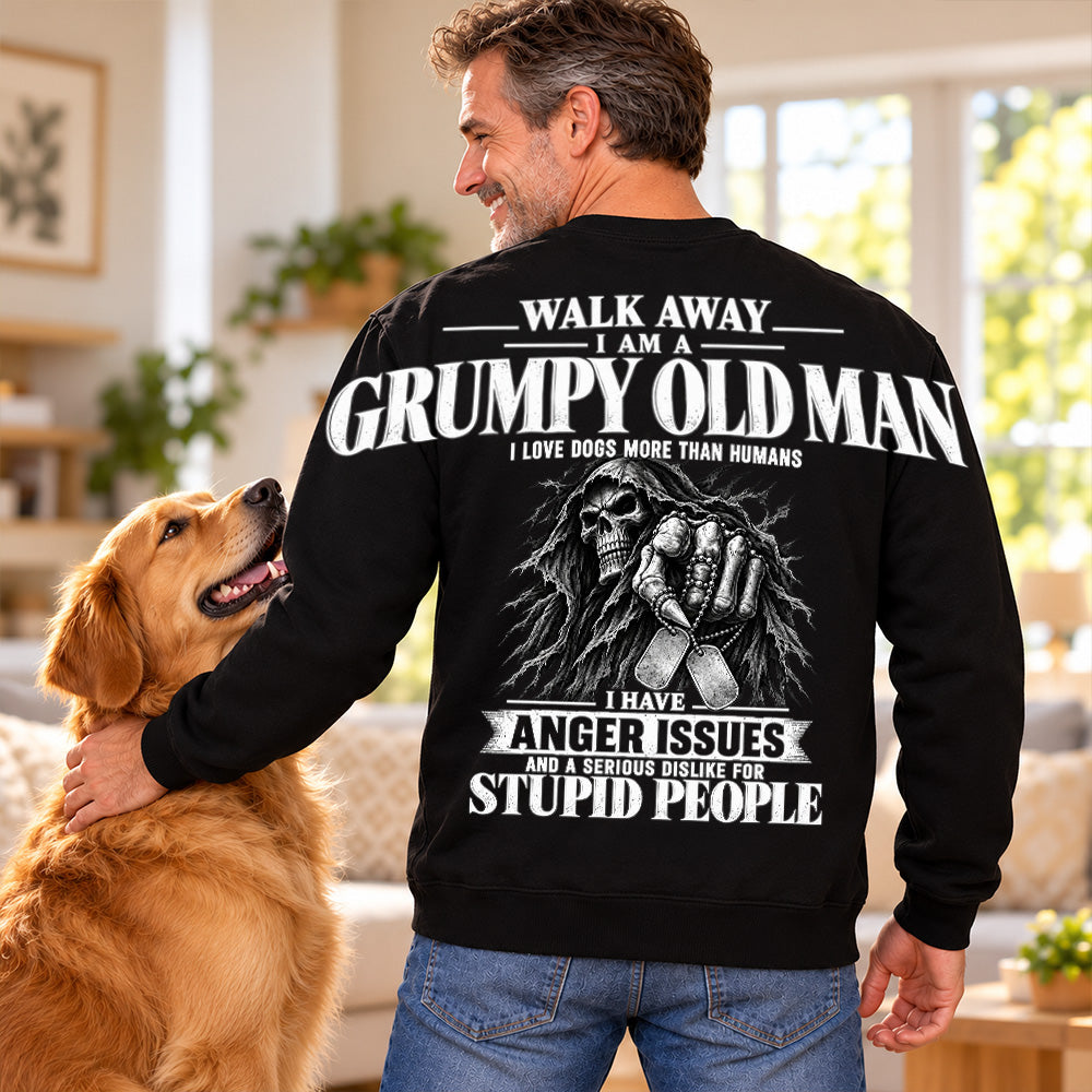 Walk Away I Am A Grumpy Old Man I Love Dogs More Than Humans I Have Anger Issues Skeleton Oversized Shoulder Print Shirts Vr2 T24