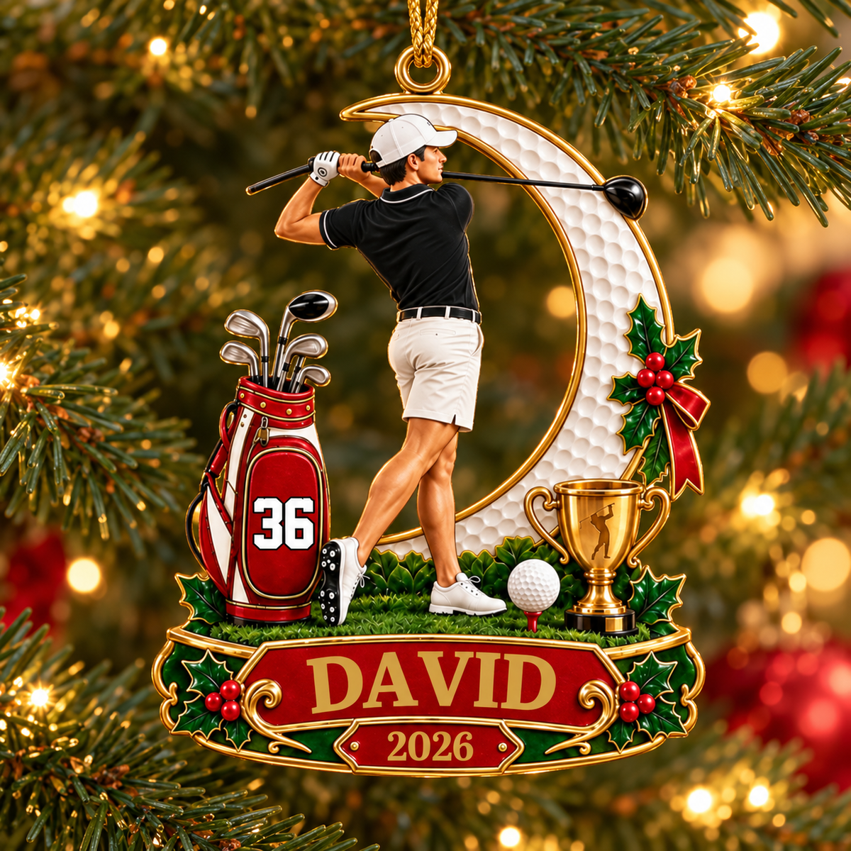 Personalized Golfer Christmas Ornament 2026 – Custom Name & Number Acrylic Keepsake | Golf Gift For Him T24