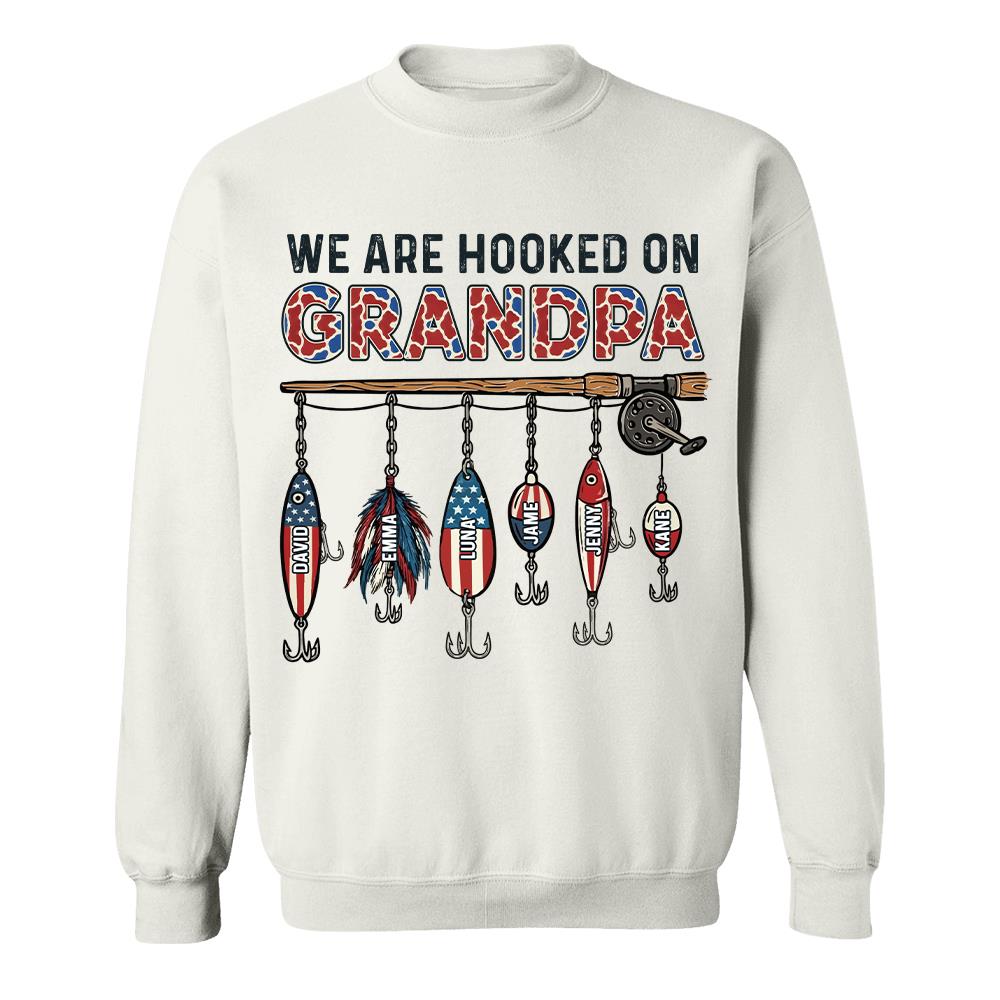 We Are Hooked On Grandpa Personalized Dad Grandpa Fishing Shirt, America 250th Anniversary, Father’s Day Gift for Grandpa Fisherman Na02 Hv01