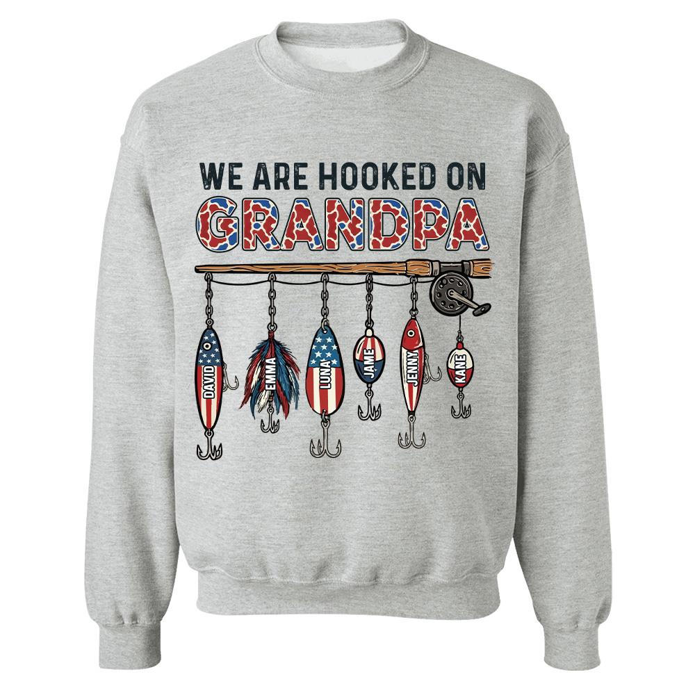 We Are Hooked On Grandpa Personalized Dad Grandpa Fishing Shirt, America 250th Anniversary, Father’s Day Gift for Grandpa Fisherman Na02 Hv01