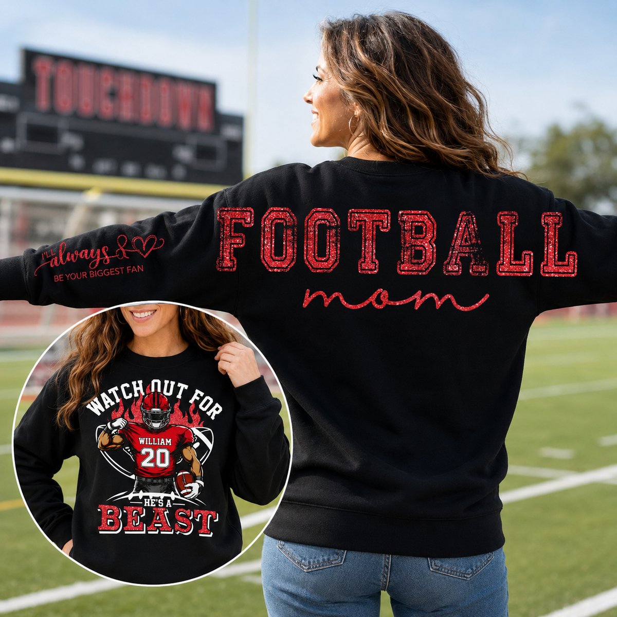 Personalized Watch Out For He's A Beast Football Mom Shirt, Custom Team Player Name Number Front, Oversized Back Print & Sleeve Detail, Game Day Mom Shirt Pt99