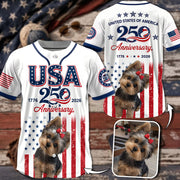 Custom Upload Photo Yorkshire Terrier USA 250th Anniversary Baseball Jersey 1776-2026 Patriotic Dog Lovers Shirt Pt99