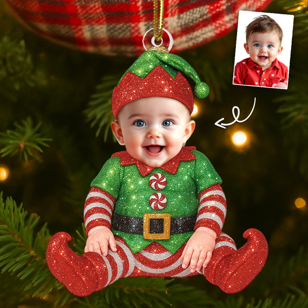Adorable Newborn Baby Elf - Personalized Babys Photo First Christmas Ornament