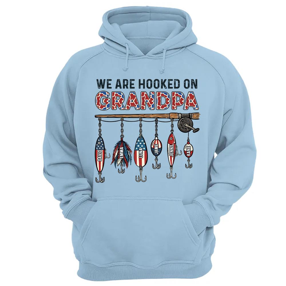 We Are Hooked On Grandpa Personalized Dad Grandpa Fishing Shirt, America 250th Anniversary, Father’s Day Gift for Grandpa Fisherman Na02 Hv01