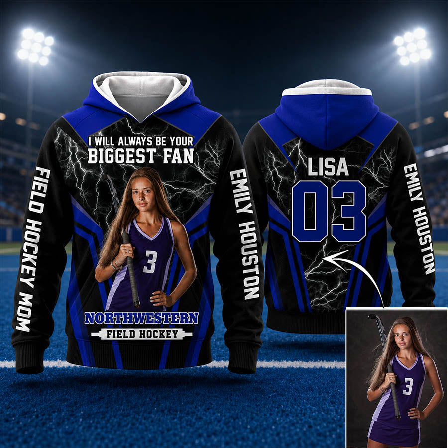 Personalized Field Hockey Mom Shirt, I’ll Always Be Your Biggest Fan, Custom Player Name & Number All Over Print Game Day Shirt for Mom Grandma Family