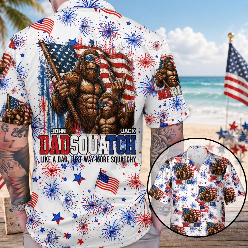 Dadsquatch Like A Dad, Just Way More Squatchy, 4th Of July Firework Bigfoot Hawaiian Shirt Independence Day Aloha Shirt Bigfoot Shirts, 4th Of July Gift USA Flag Shirt T1807 Nh00