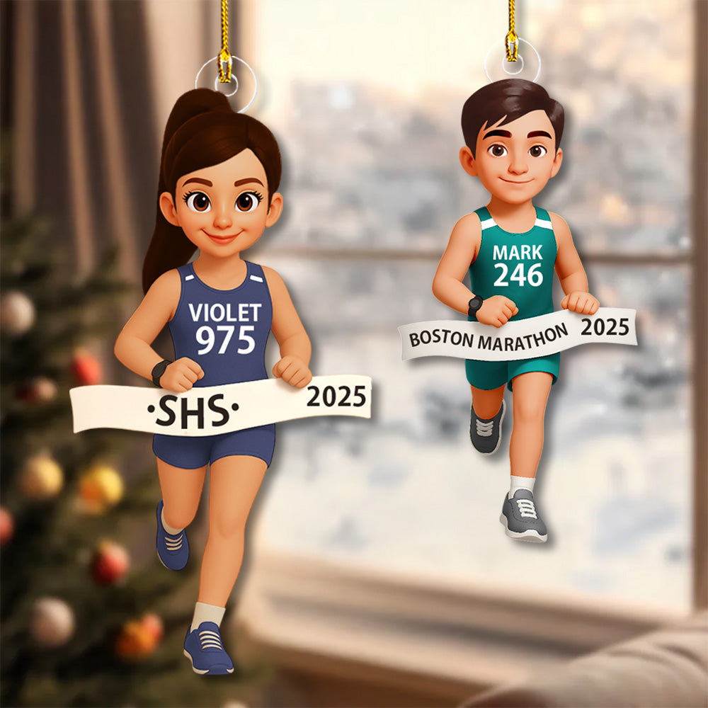 3D Effect Marathon Runner Ornament – Personalized Track Runner Ornament: Girl & Boy Marathon Keepsake Na02 Pt99