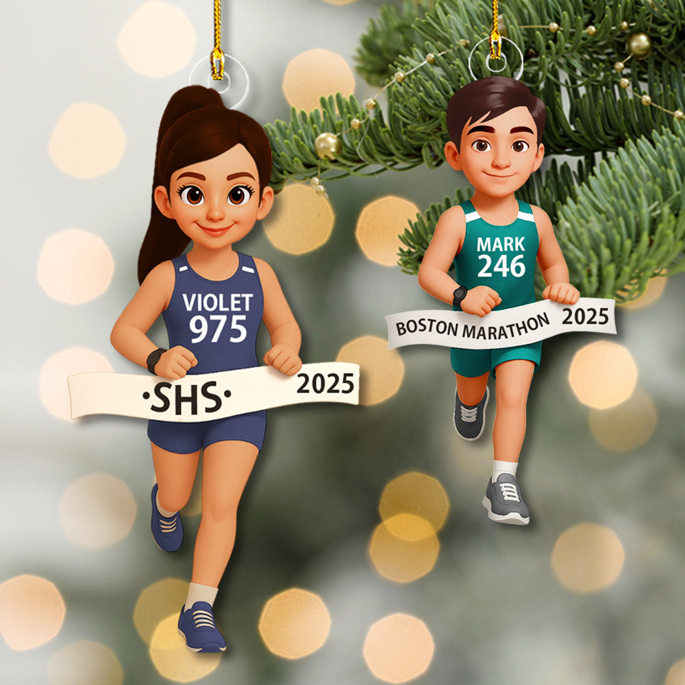 3D Effect Marathon Runner Ornament – Personalized Track Runner Ornament: Girl & Boy Marathon Keepsake Na02 Pt99