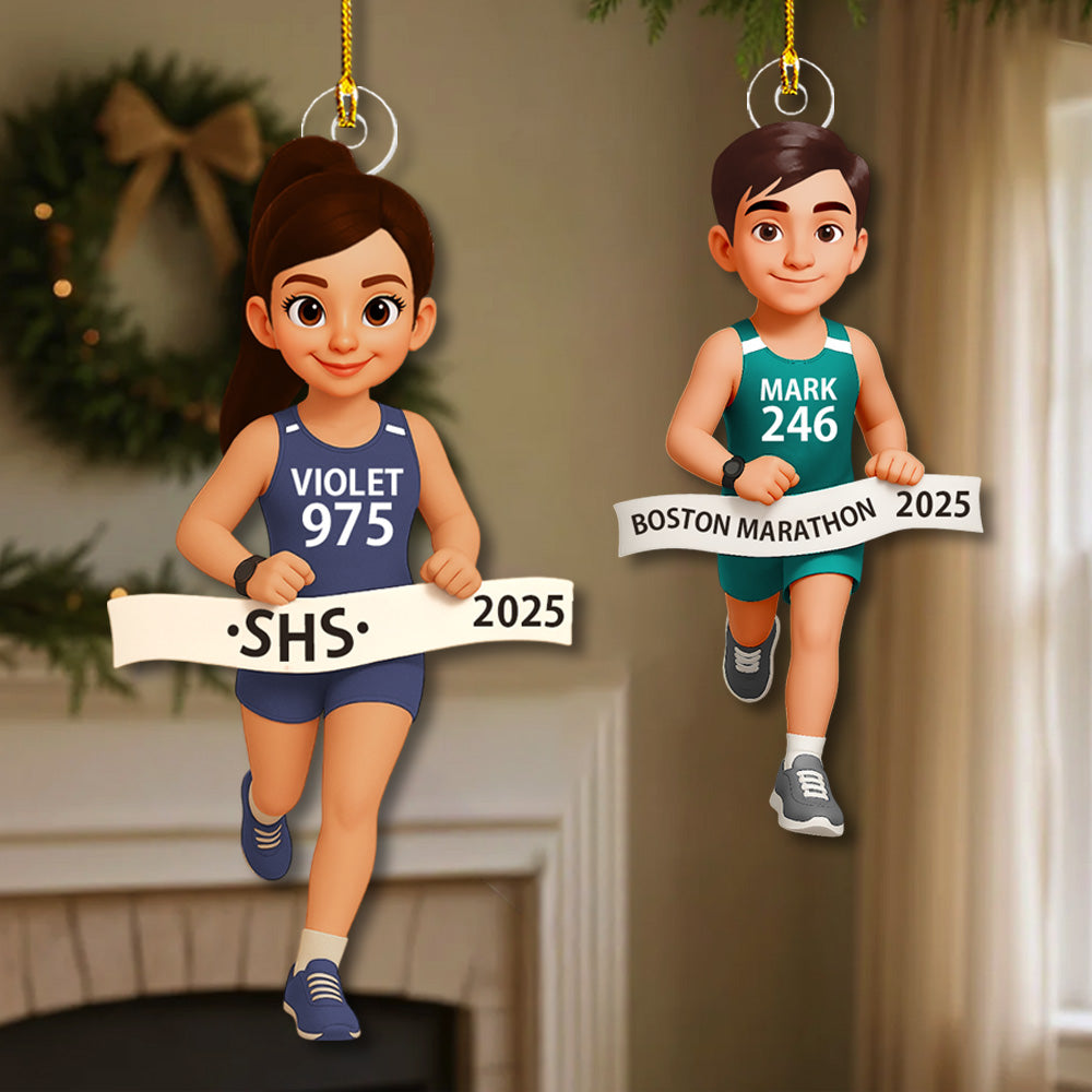 3D Effect Marathon Runner Ornament – Personalized Track Runner Ornament: Girl & Boy Marathon Keepsake Na02 Pt99