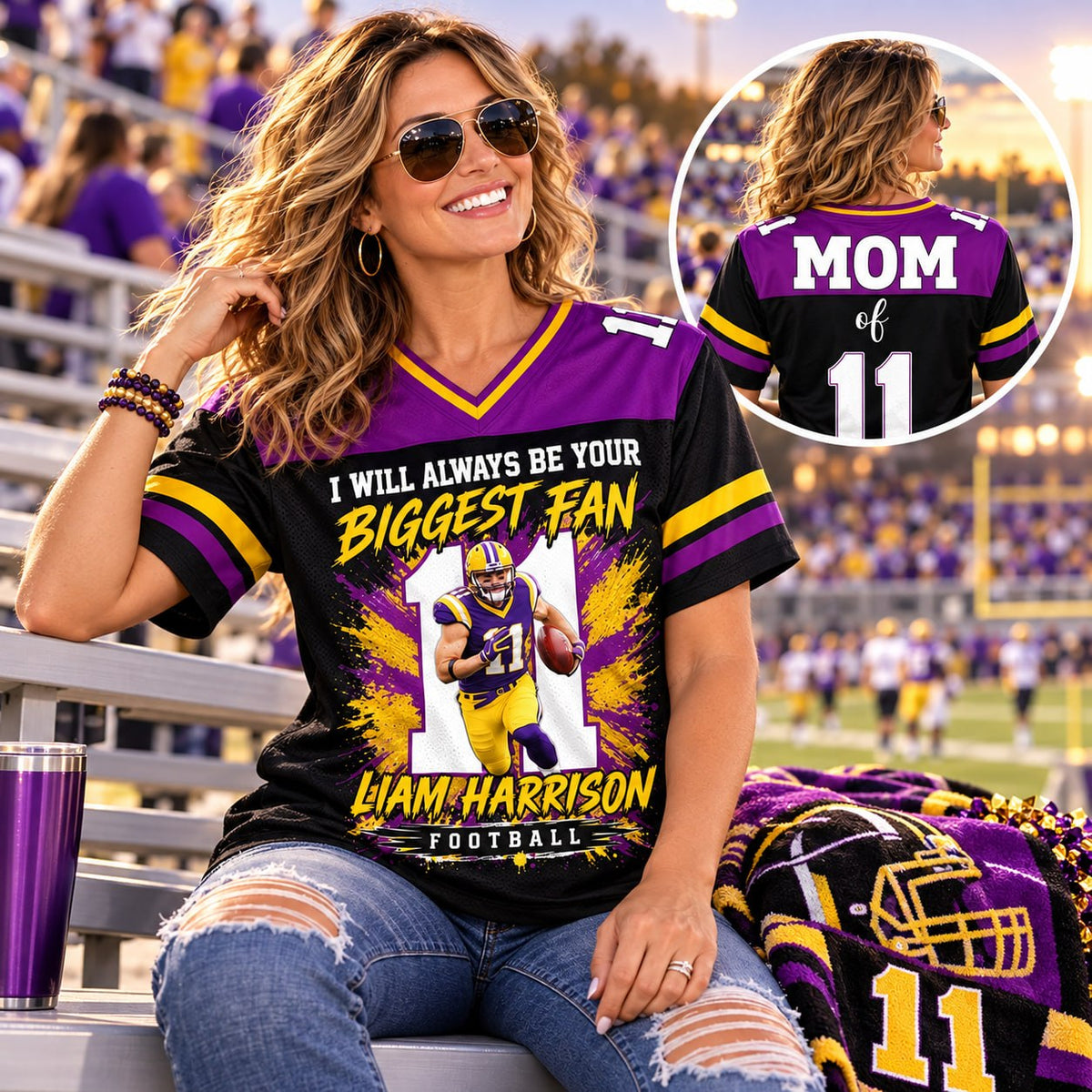 Personalized I Will Always Be Your Biggest Fan ,Custom Photo Jersey , Photo & Number, Football Mom Gift Na02 Pt99