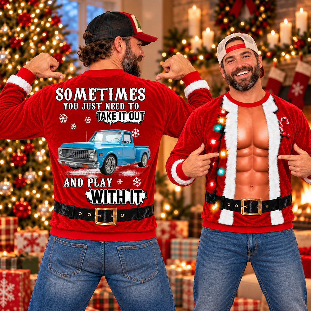 Take It Out & Play - Custom Pickup Truck Photo Christmas All Over Print Shirts – Funny Muscle Santa 3D Shirts A2110 T24 NT01