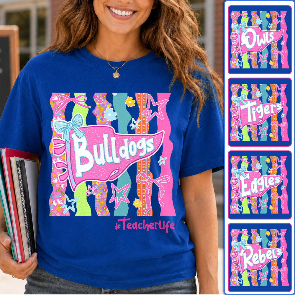 Personalized Mascot Spirit Shirt, Custom Team Name Bow Pennant Tee, Colorful School Spirit Teacher T-Shirt T24