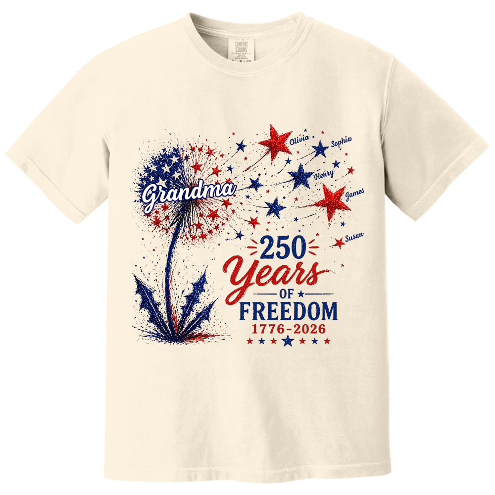 Custom Grandma Patriotic Dandelion 250th Anniversary Tee - Personalized Wild Flowers USA Flag 250 Years Of Freedom Shirt Gift for Grandma VH01