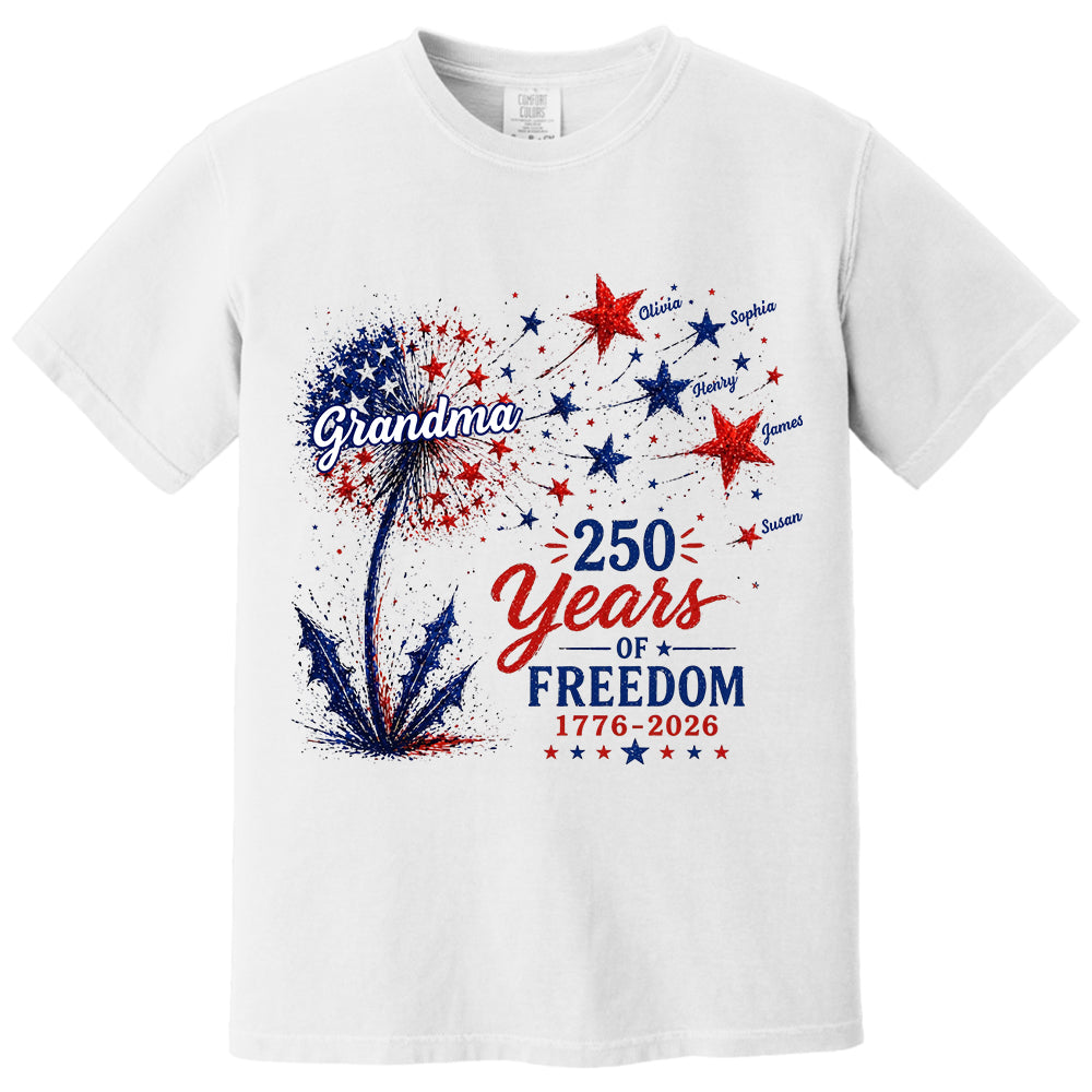 Custom Grandma Patriotic Dandelion 250th Anniversary Tee - Personalized Wild Flowers USA Flag 250 Years Of Freedom Shirt Gift for Grandma VH01