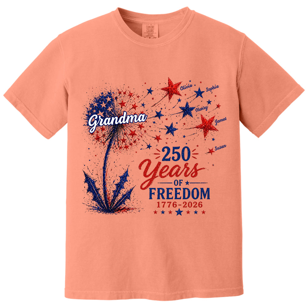 Custom Grandma Patriotic Dandelion 250th Anniversary Tee - Personalized Wild Flowers USA Flag 250 Years Of Freedom Shirt Gift for Grandma VH01