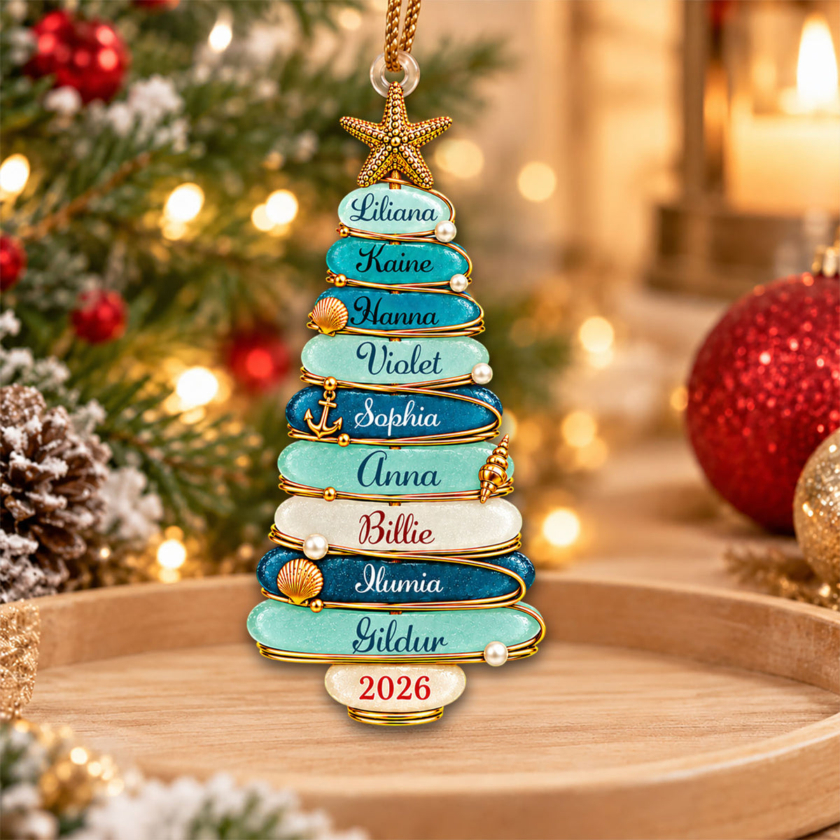 Custom Sea Glass Tree 2026 Acrylic Ornament, Personalized Coastal Family Christmas Gift Nh00