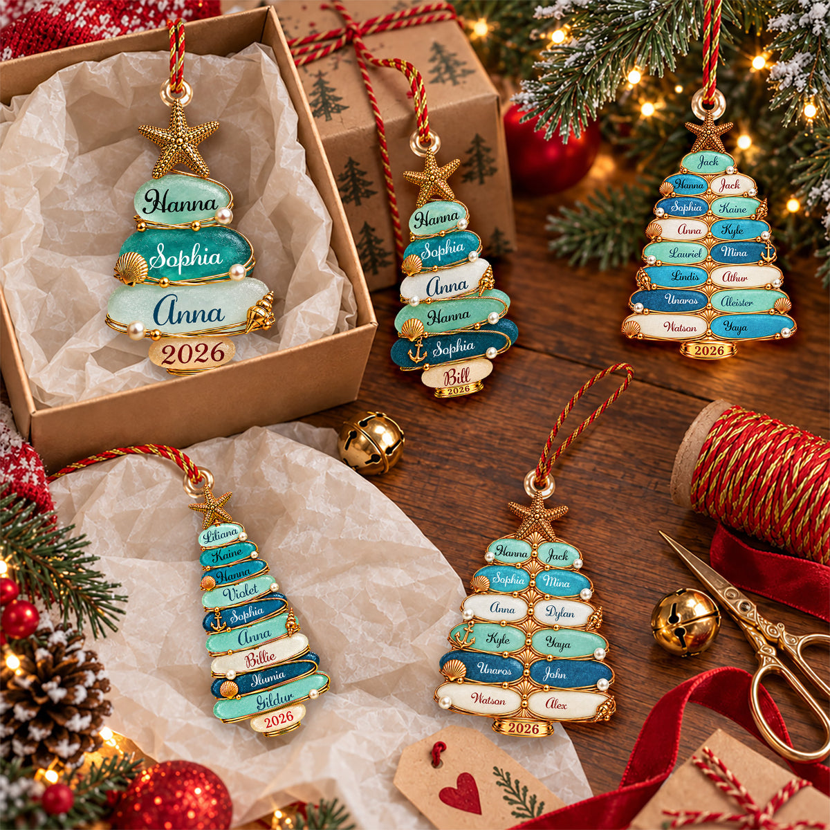 Custom Sea Glass Tree 2026 Acrylic Ornament, Personalized Coastal Family Christmas Gift Nh00
