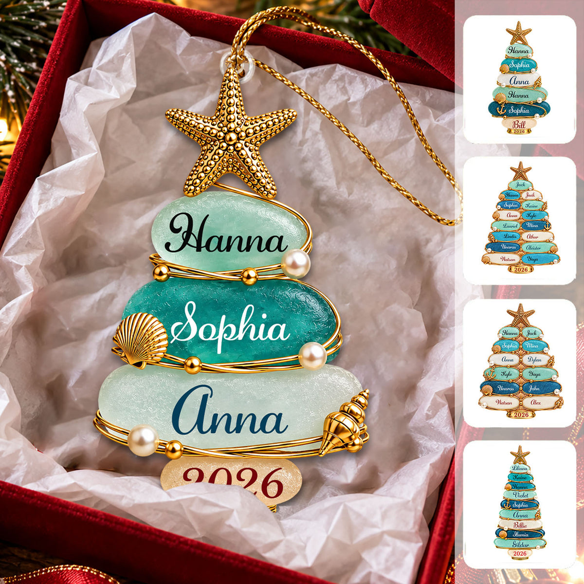 Custom Sea Glass Tree 2026 Acrylic Ornament, Personalized Coastal Family Christmas Gift Nh00