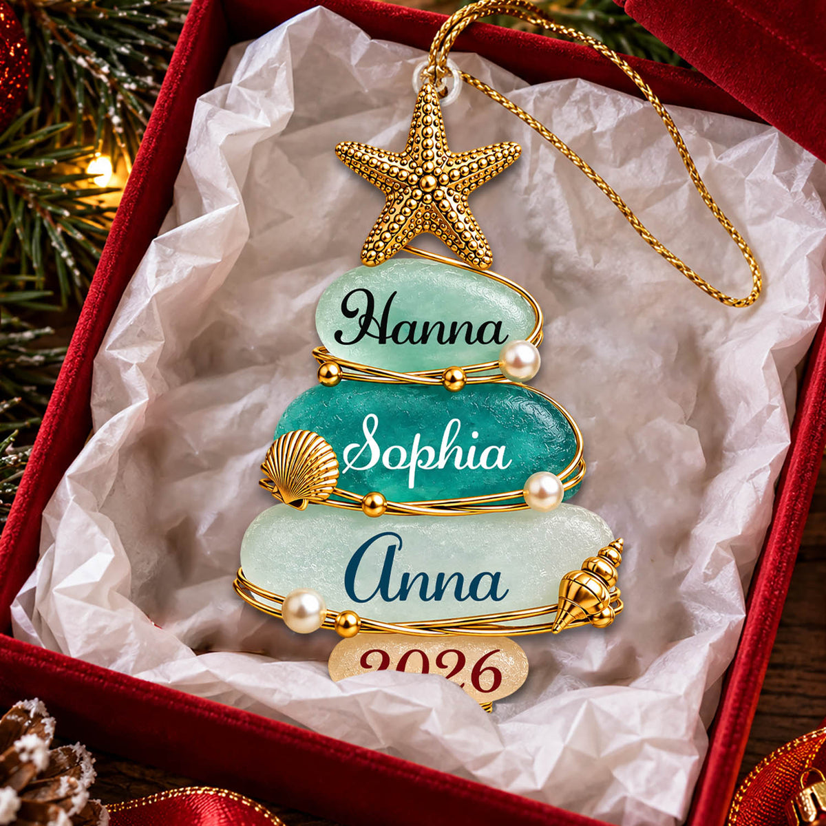 Custom Sea Glass Tree 2026 Acrylic Ornament, Personalized Coastal Family Christmas Gift Nh00