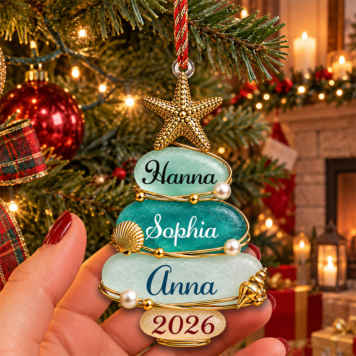 Custom Sea Glass Tree 2026 Acrylic Ornament, Personalized Coastal Family Christmas Gift Nh00