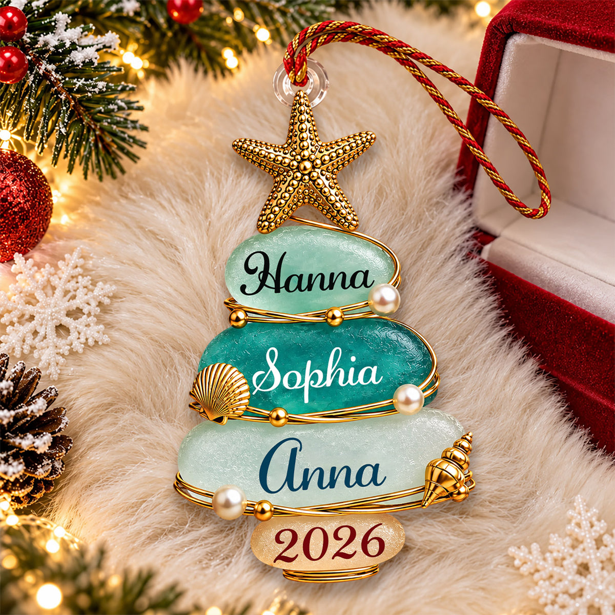 Custom Sea Glass Tree 2026 Acrylic Ornament, Personalized Coastal Family Christmas Gift Nh00