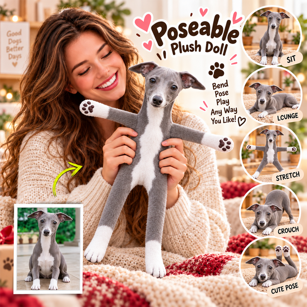 Personalized Greyhound Photo Pet Squishy Toy Poseable Plush Doll, Funny Gift For Dog Mom, Dad, Pet Lover T1807 T24 TL06