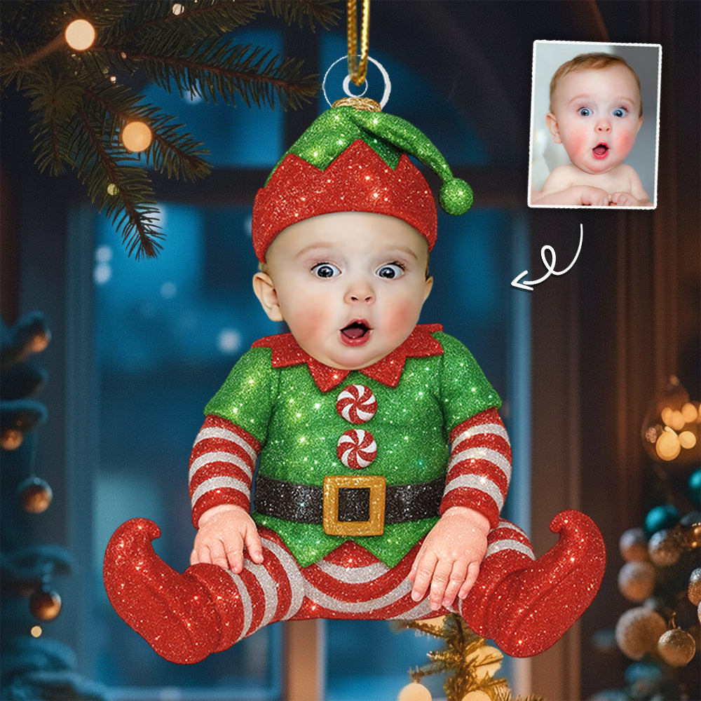 Adorable Newborn Baby Elf - Personalized Babys Photo First Christmas Ornament