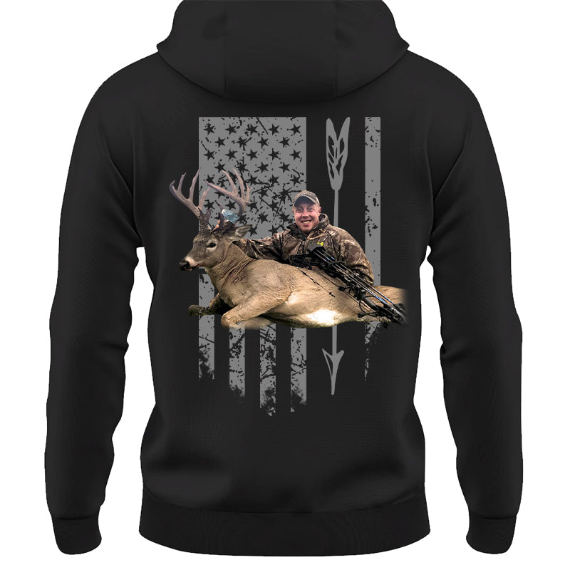Custom Upload Photo Hunting Shirt with American Flag, Bow Hunting T-shirt, American Hunter Shirt, Hunting Gear for Men and Women, Father's Day Hunting Gift Pt99