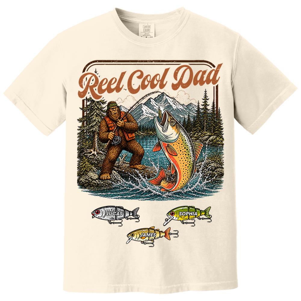 Reel Cool Dad Bigfoot Fishing Shirt, Personalized Dad Shirt With Custom Kids, Bigfoot Fisherman Father's Day Gift, Gift for Dad Na02 Nh00