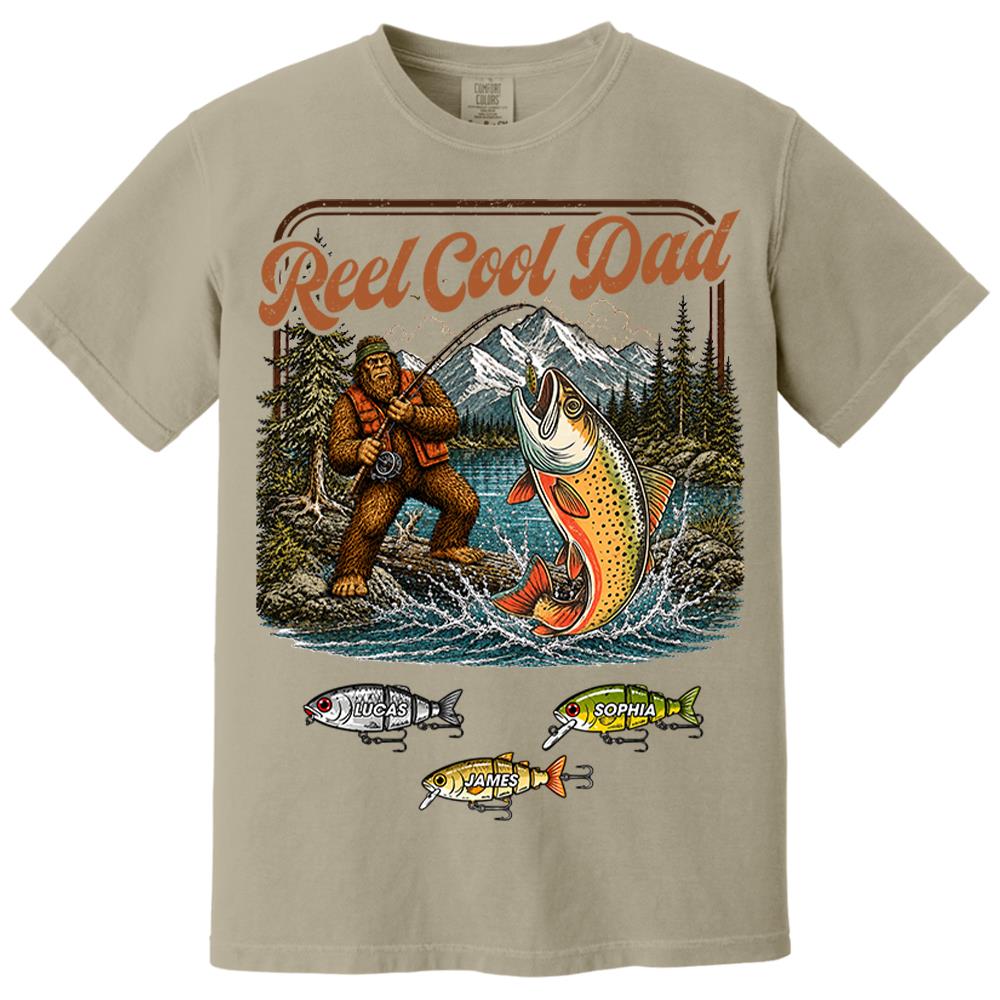Reel Cool Dad Bigfoot Fishing Shirt, Personalized Dad Shirt With Custom Kids, Bigfoot Fisherman Father's Day Gift, Gift for Dad Na02 Nh00