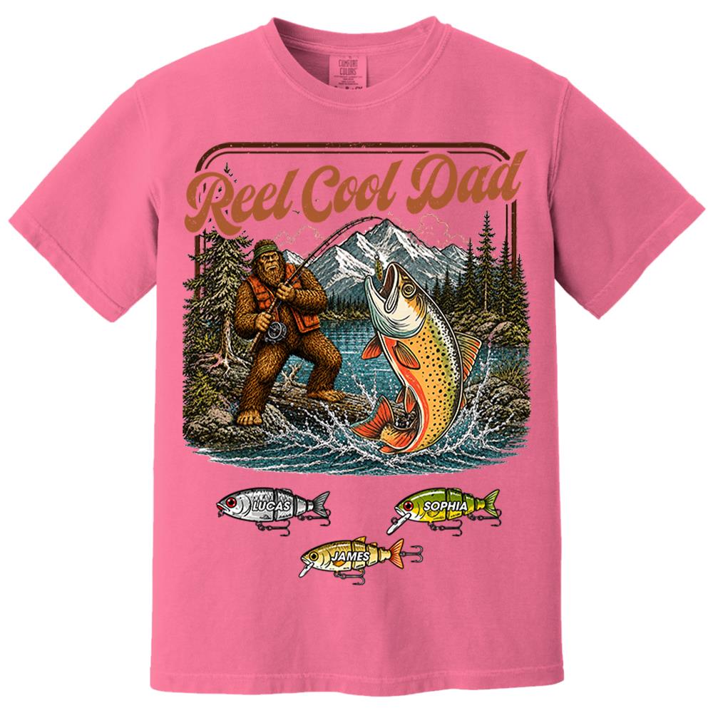 Reel Cool Dad Bigfoot Fishing Shirt, Personalized Dad Shirt With Custom Kids, Bigfoot Fisherman Father's Day Gift, Gift for Dad Na02 Nh00
