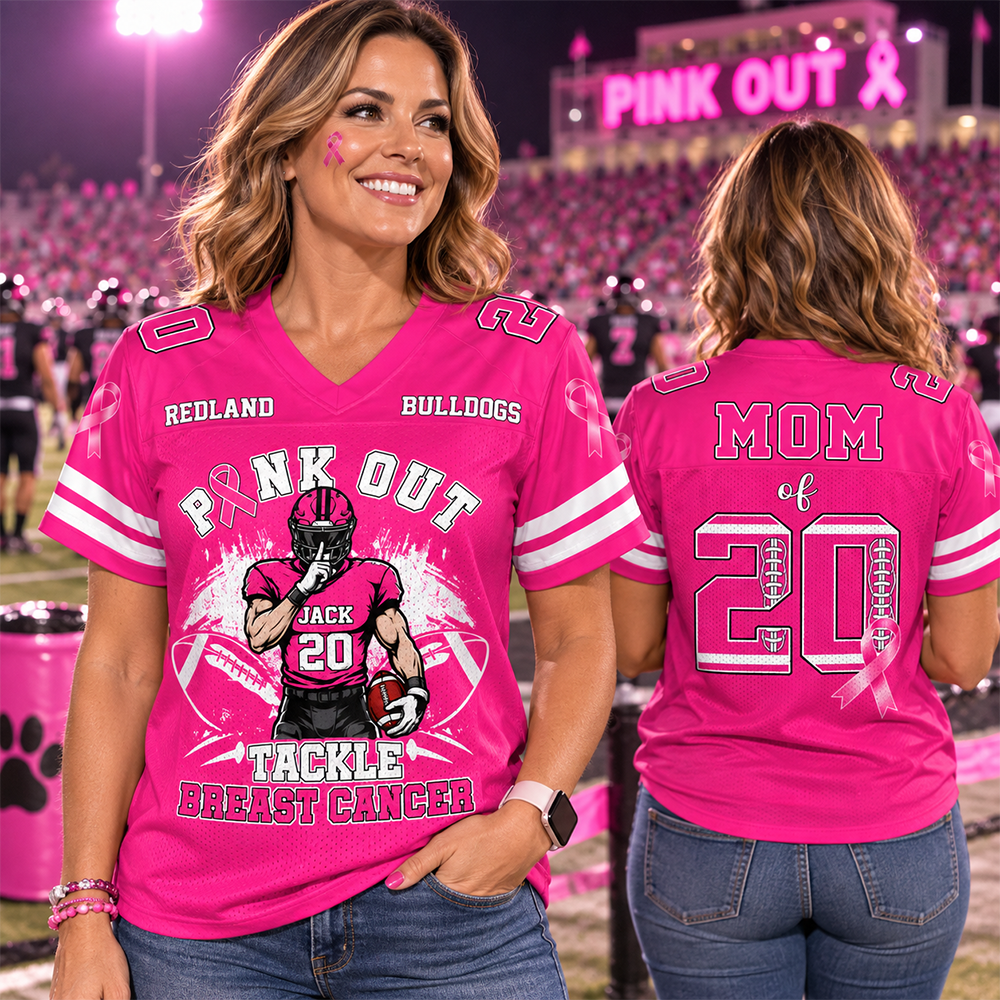 Pink Out Tackle Breast Cancer, Personalized Breast Cancer Awareness Game Day Football Jersey, Gift For Football Mom Family MI209 Hv01