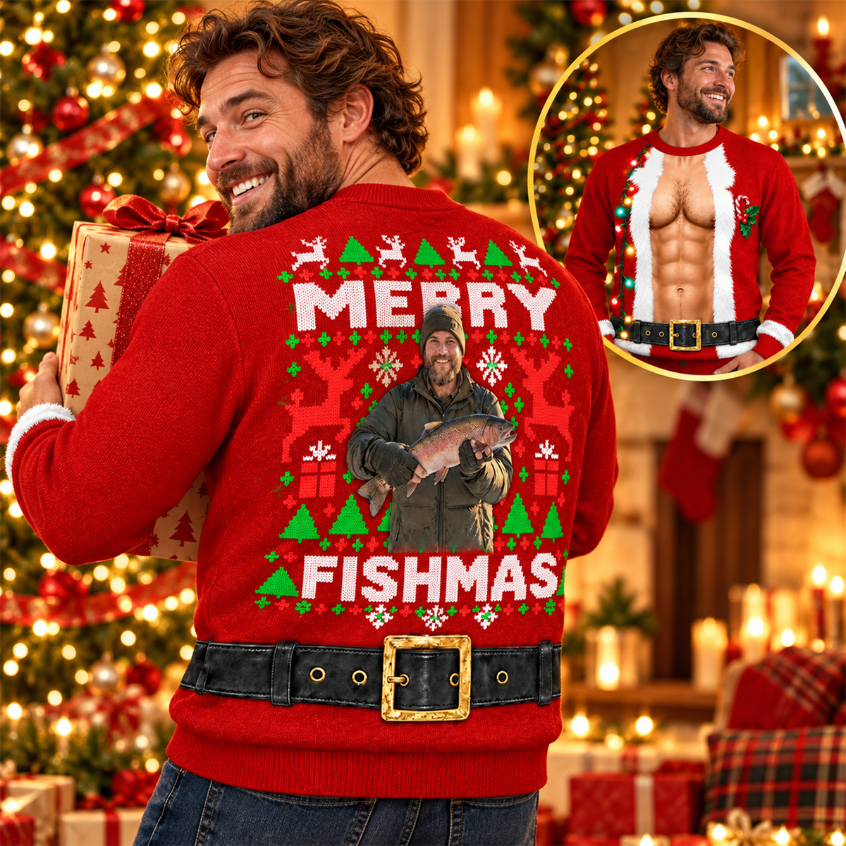 Custom Photo Merry Fishmas Ugly  Sweater, Gift For Fishing Lovers, Funny Xmas Gift L0411 Hv01