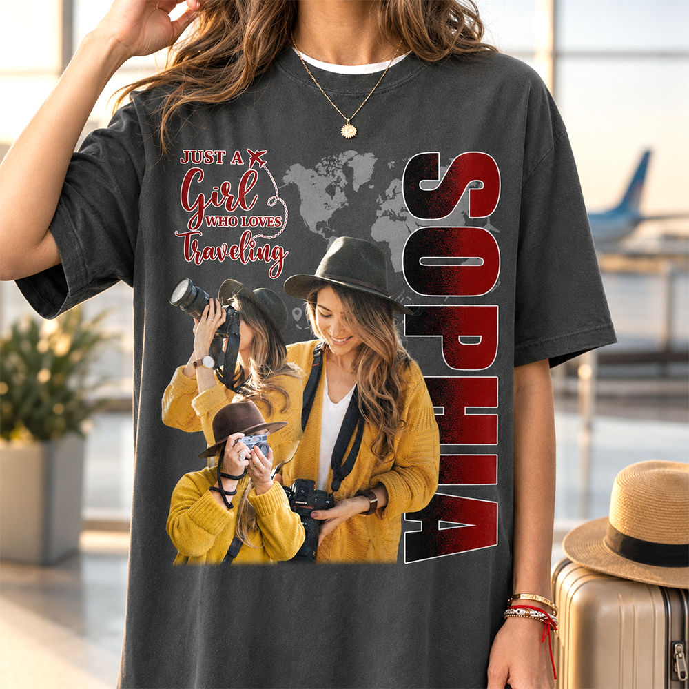Just A Girl Who Loves Traveling – Custom Photo Vacation T-Shirt for Adventure Lovers Vr2 NA02 Hv01