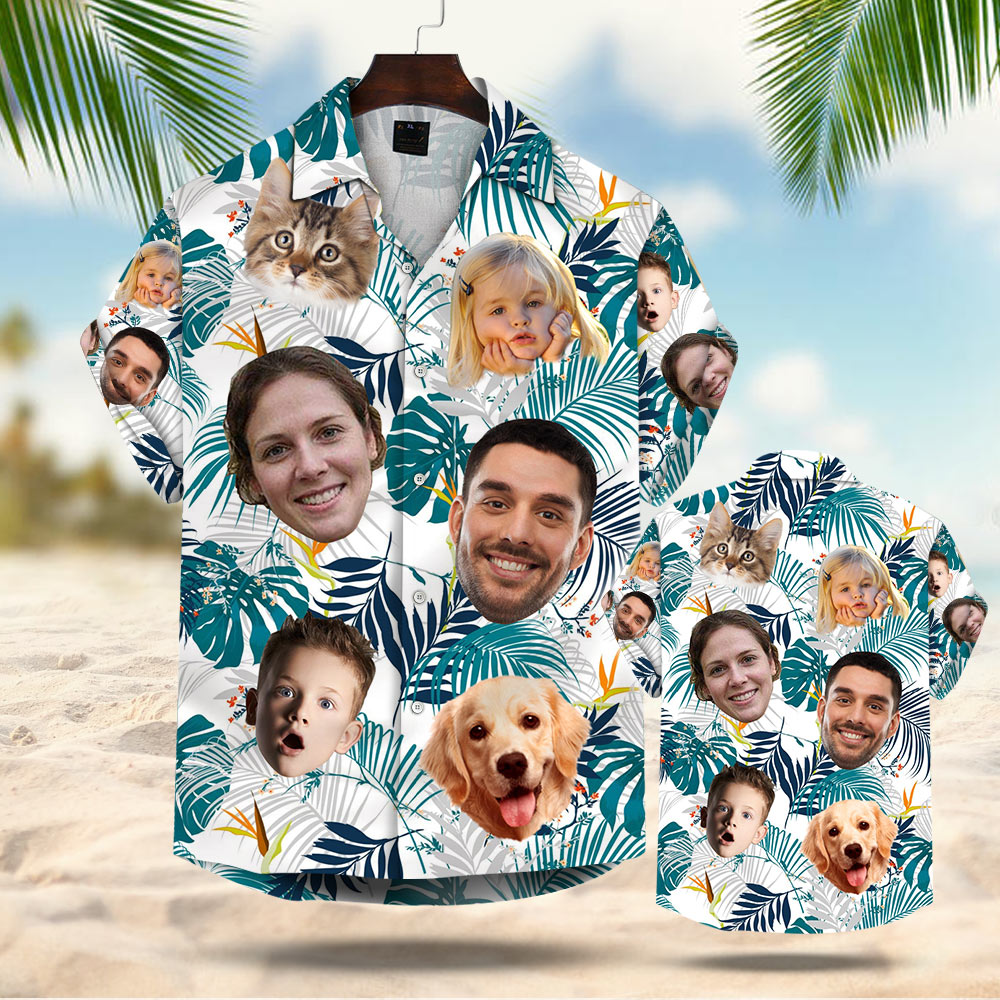 Custom Hawaiian Shirt With Multiple Faces Dog Cat Face Leaves & Flowers Gift For Family Hawaiian Shirt For Men Women Personalized Aloha Shirt