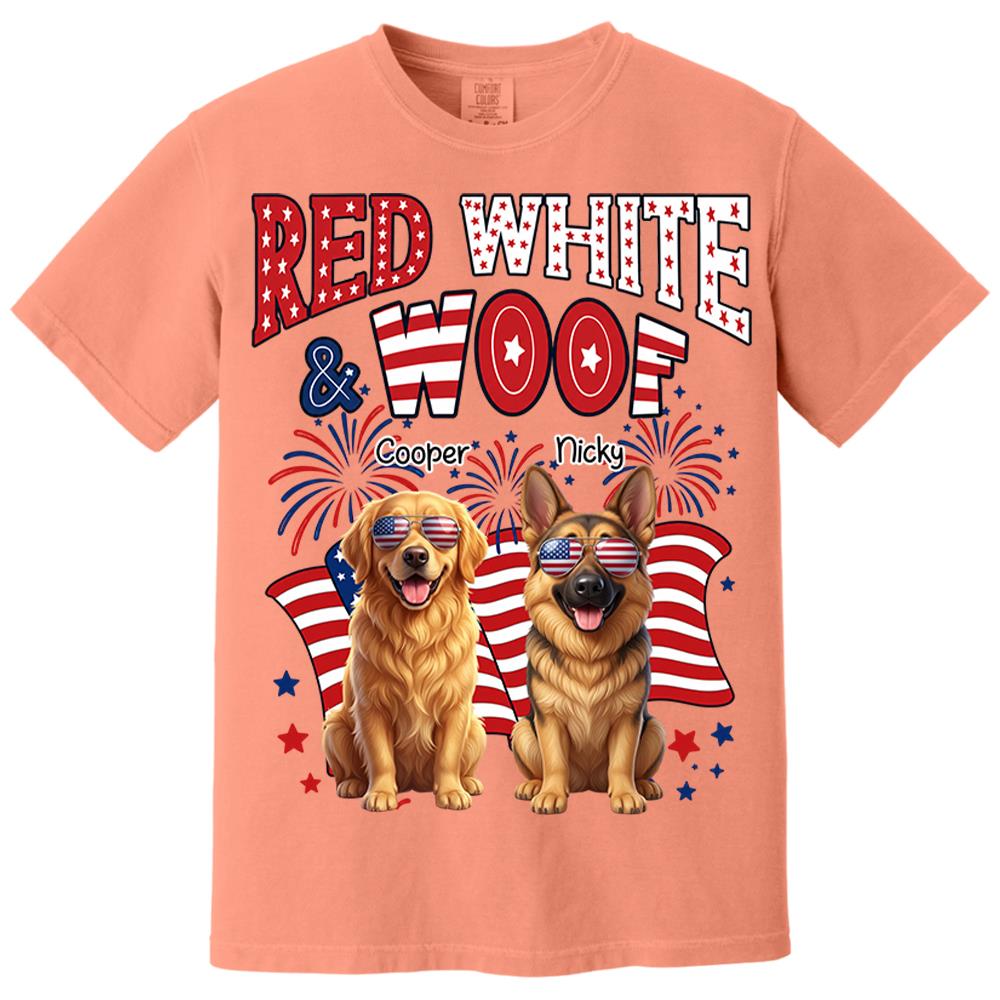 Red White Woof Personalized Shirt Patriotic American Flag Fireworks For Independence Day USA Custom Photo Dog Gift For Pet Lovers T1807 Nh00