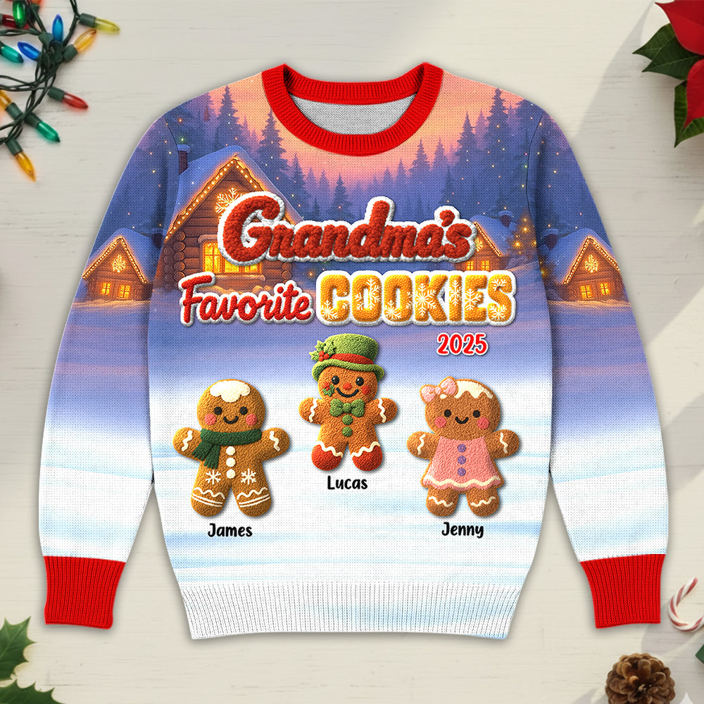 Grandma's Favorite Cookie Crochet Faux Yarn Texture Personalized All Over Print Shirt For Grandma Hv01