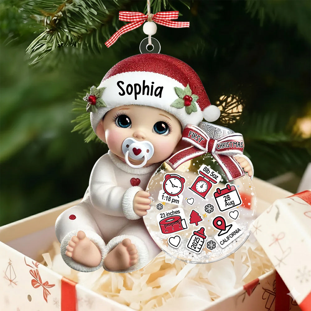Baby Beside Christmas Bauble 3D Effect Baby's First Christmas Personalized Acrylic Flat Ornament NA02