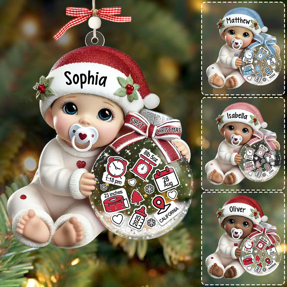 Baby Beside Christmas Bauble 3D Effect Baby's First Christmas Personalized Acrylic Flat Ornament NA02