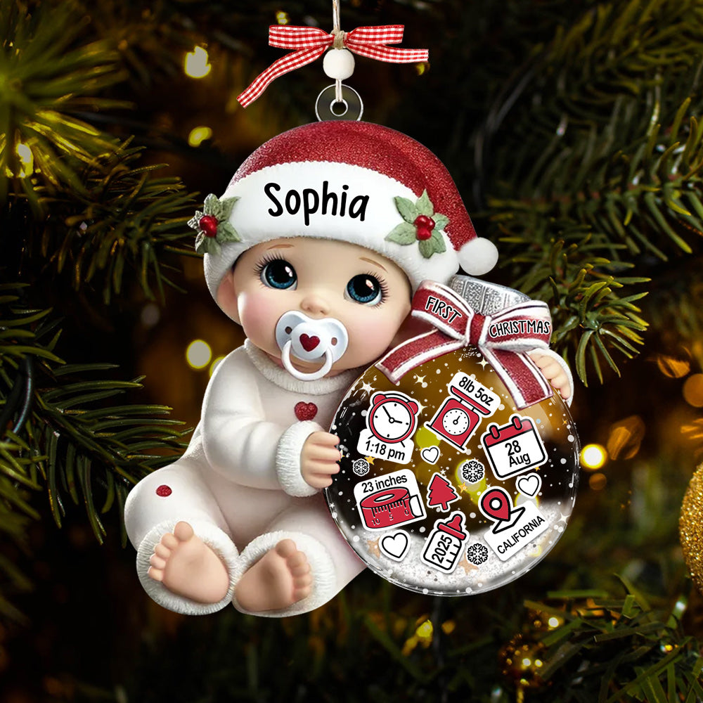 Baby Beside Christmas Bauble 3D Effect Baby's First Christmas Personalized Acrylic Flat Ornament NA02