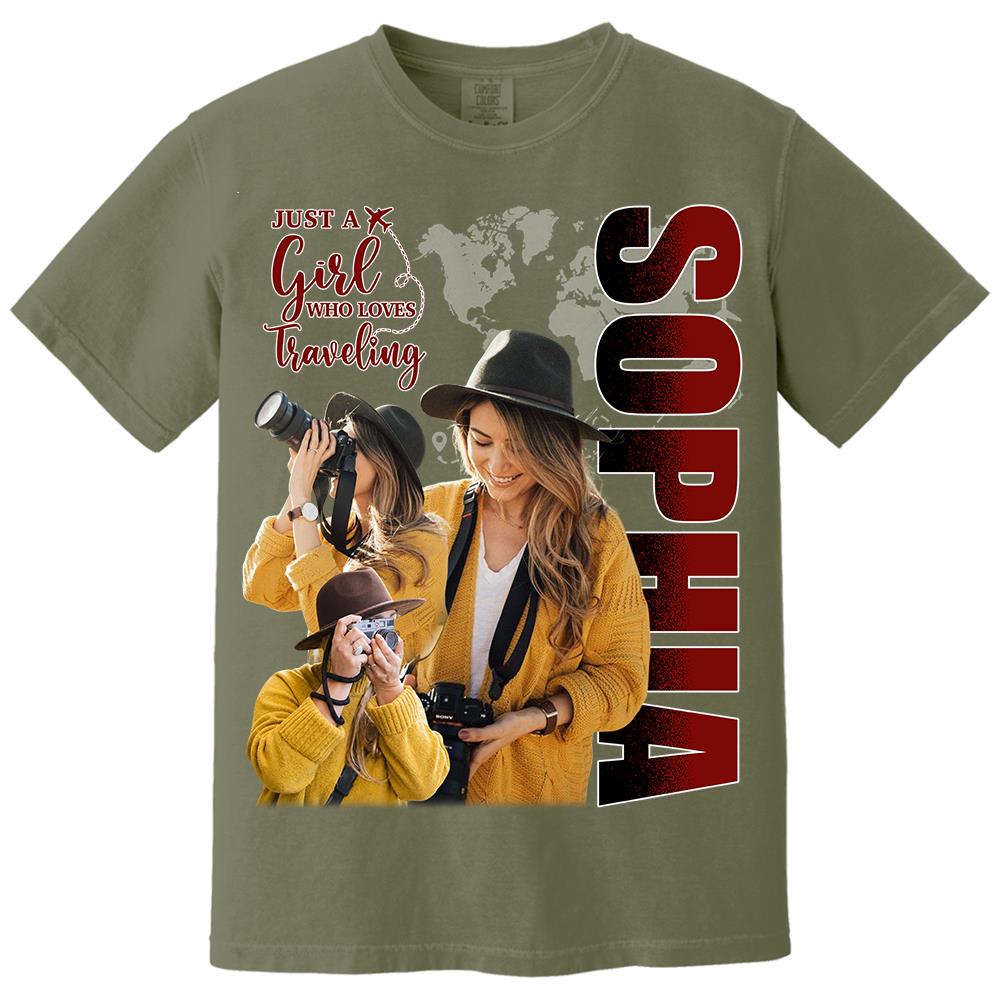 Just A Girl Who Loves Traveling – Custom Photo Vacation T-Shirt for Adventure Lovers Vr2 NA02 Hv01