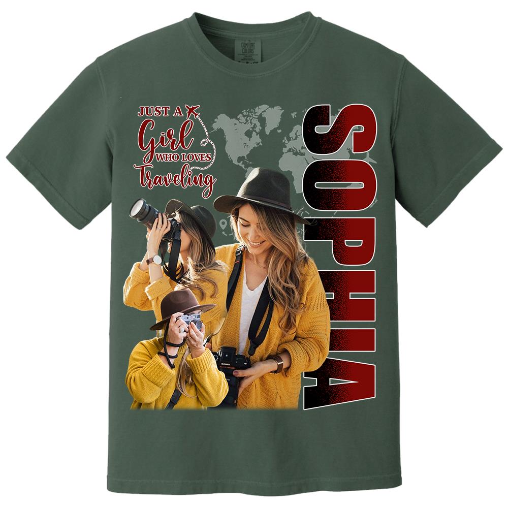 Just A Girl Who Loves Traveling – Custom Photo Vacation T-Shirt for Adventure Lovers Vr2 NA02 Hv01
